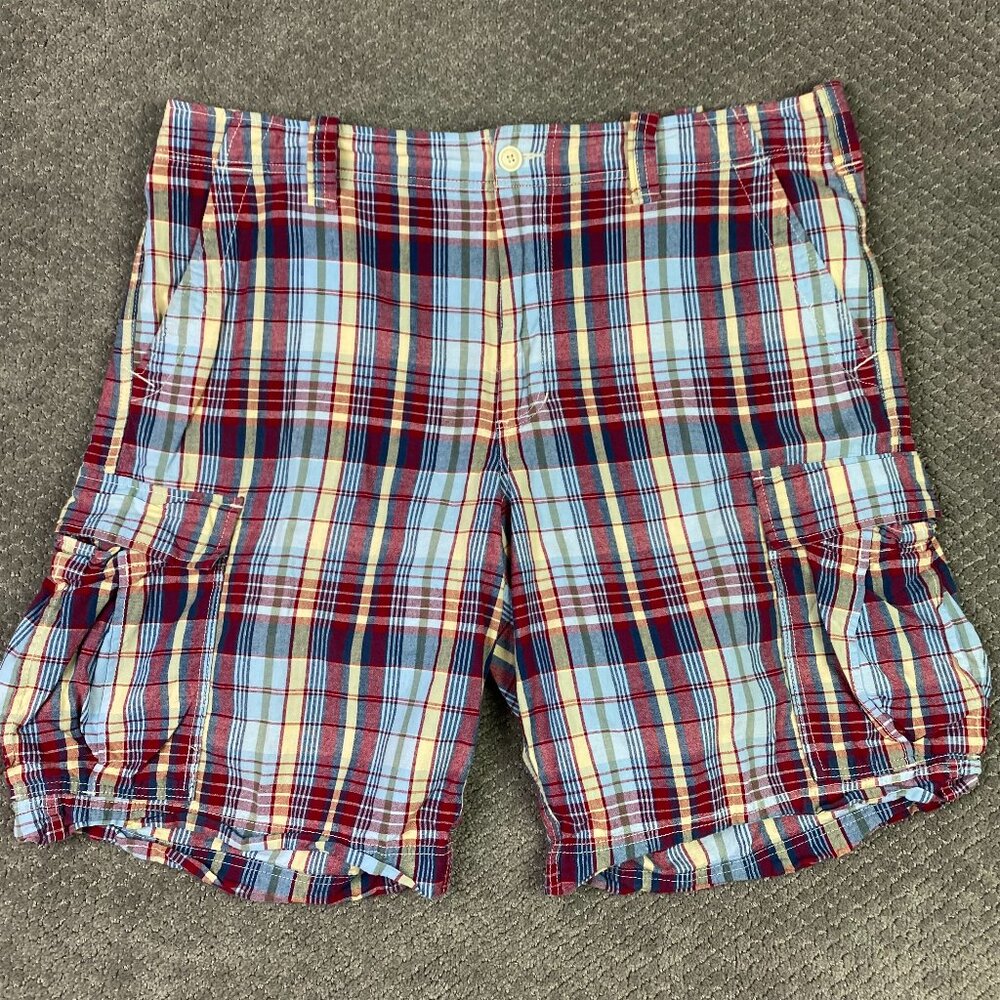 Ralph Lauren Polo Jeans Company Plaid Cargo Shorts Men's 40 Red Blue Madras